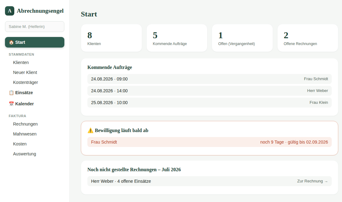 Dashboard von Abrechnungsengel mit Kennzahlen, kommenden Aufträgen und Warnhinweisen