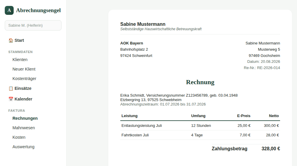 Automatisch erstellte Rechnung mit Positionen und Zahlungsbetrag
